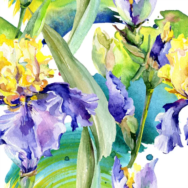 Фіолетово-жовтий фон з ірисами. Рука намальована ботанічними квітами. Набір ілюстрацій для акварельного фону. акварель моди акварель . — стокове фото