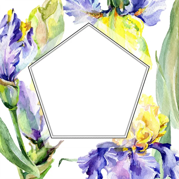 Cadre avec iris violet et jaune. Illustration de fond aquarelle sertie de fleurs. Aquarelle dessin mode aquarelle . — Photo de stock