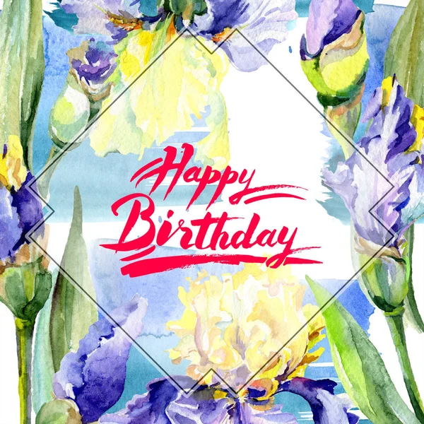 Frame with purple and yellow irises. Watercolor background illustration set with flowers. Watercolour drawing fashion aquarelle. Border with happy birthday sign — Stock Photo