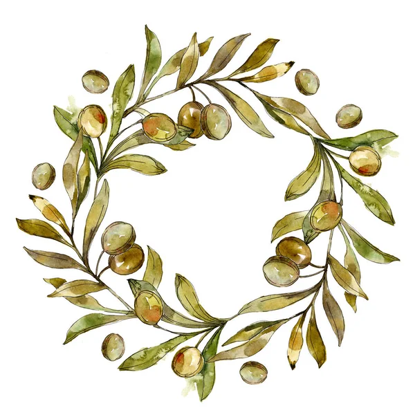 Rahmen mit grünen Oliven Aquarell Hintergrund Illustration Set. Aquarell Zeichnung Mode Aquarell isoliert. — Stockfoto