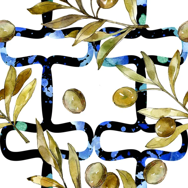 Aceitunas verdes fondo acuarela. Acuarela dibujo moda acuarela aislado. Follaje del jardín botánico y aceitunas . — Stock Photo