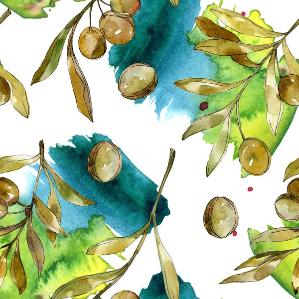 Green olives watercolor background illustration set. Watercolour drawing fashion aquarelle isolated. Botanical olive foliage. — Stock Photo