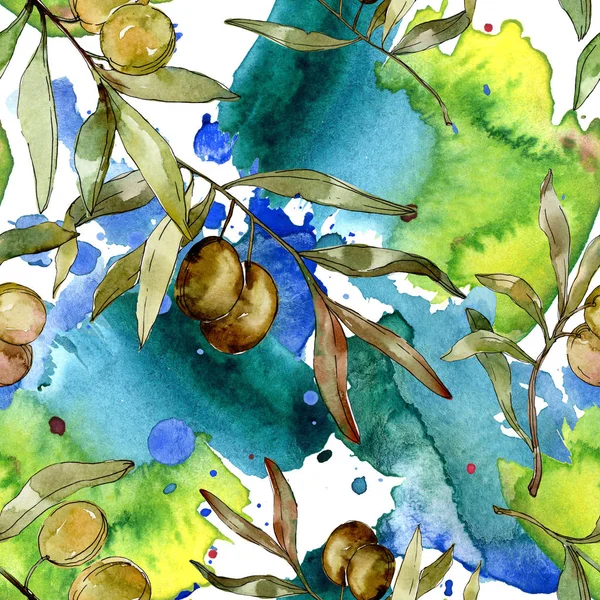 Olives vertes aquarelle fond illustration ensemble. Aquarelle dessin aquarelle. Modèle de fond sans couture. Texture d'impression papier peint tissu . — Photo de stock