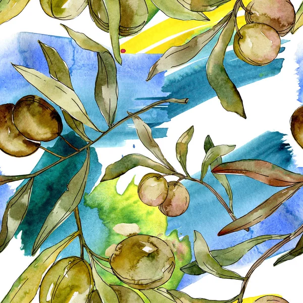 Olives vertes aquarelle fond illustration ensemble. Aquarelle dessin aquarelle. Modèle de fond sans couture. Texture d'impression papier peint tissu . — Photo de stock