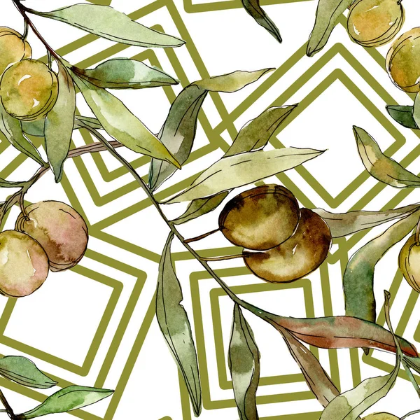 Olives vertes aquarelle fond illustration ensemble. Aquarelle dessin aquarelle. Modèle de fond sans couture. Texture d'impression papier peint tissu . — Photo de stock