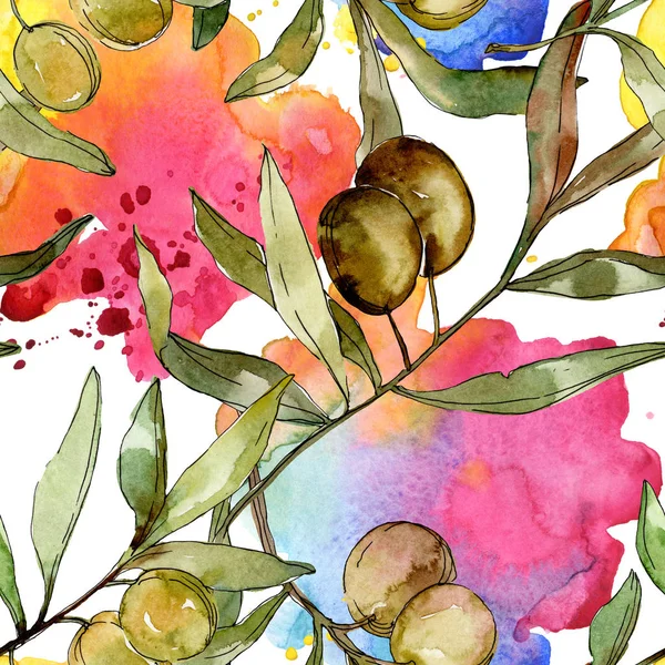 Olives vertes aquarelle fond illustration ensemble. Aquarelle dessin aquarelle. Modèle de fond sans couture. Texture d'impression papier peint tissu . — Photo de stock