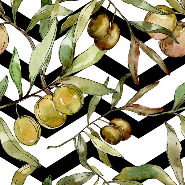 Olives vertes aquarelle fond illustration ensemble. Aquarelle dessin aquarelle. Modèle de fond sans couture. Texture d'impression papier peint tissu . — Photo de stock