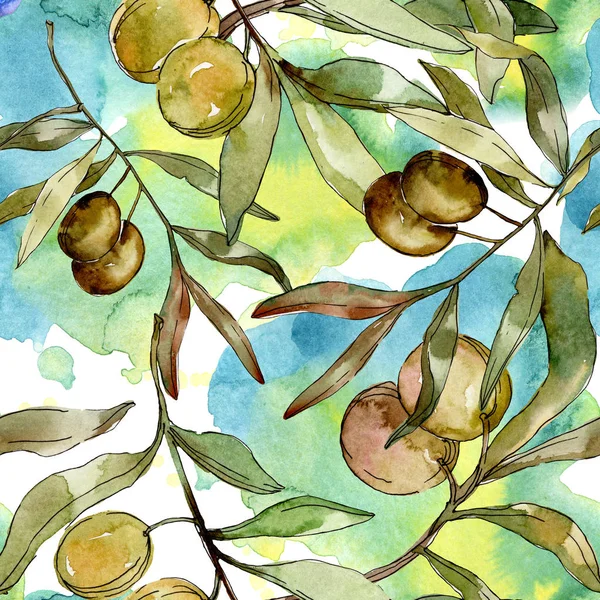 Green olives watercolor background illustration set. Watercolour drawing aquarelle. Seamless background pattern. Fabric wallpaper print texture. — Stock Photo