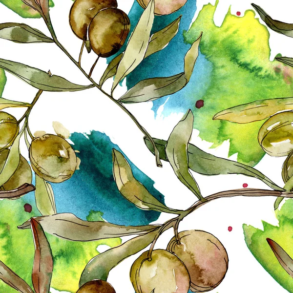 Olives vertes aquarelle fond illustration ensemble. Aquarelle dessin aquarelle. Modèle de fond sans couture. Texture d'impression papier peint tissu . — Photo de stock