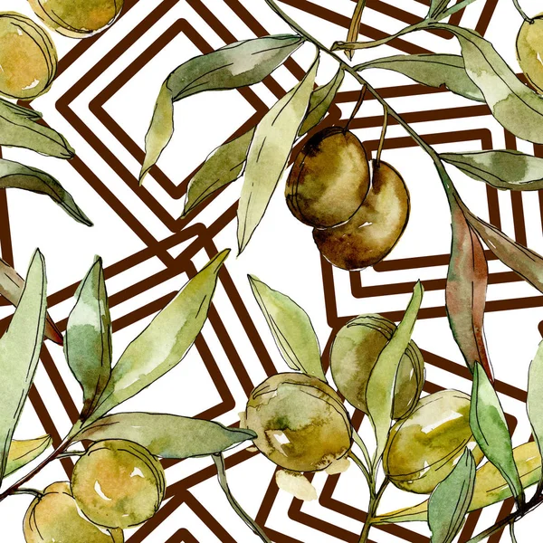 Olives vertes aquarelle fond illustration ensemble. Aquarelle dessin aquarelle. Modèle de fond sans couture. Texture d'impression papier peint tissu . — Photo de stock