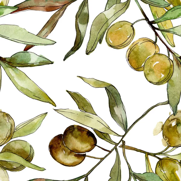 Green olives watercolor background illustration set. Watercolour drawing aquarelle. Seamless background pattern. Fabric wallpaper print texture. — Stock Photo