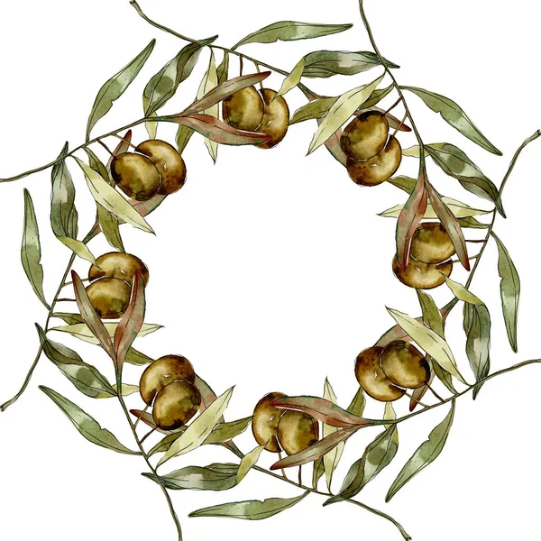 Cadre avec des olives vertes et feuilles aquarelle fond illustration ensemble. Aquarelle dessin mode aquarelle isolé . — Photo de stock
