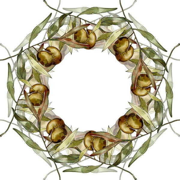 Rahmen mit grünen Oliven und Blättern Aquarell Hintergrund Illustration Set. Aquarell Zeichnung Mode Aquarell isoliert. — Stockfoto