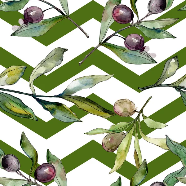 Black olives watercolor background illustration set. Watercolour drawing fashion aquarelle isolated. Seamless background pattern. Fabric wallpaper print texture. — Stock Photo