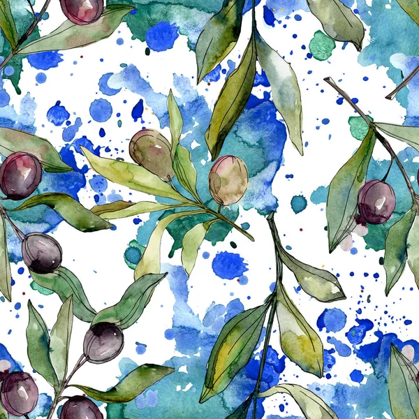 Black olives watercolor background illustration set. Watercolour drawing fashion aquarelle isolated. Seamless background pattern. Fabric wallpaper print texture. — Stock Photo