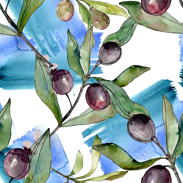 Black olives watercolor background illustration set. Watercolour drawing fashion aquarelle isolated. Seamless background pattern. Fabric wallpaper print texture. — Stock Photo