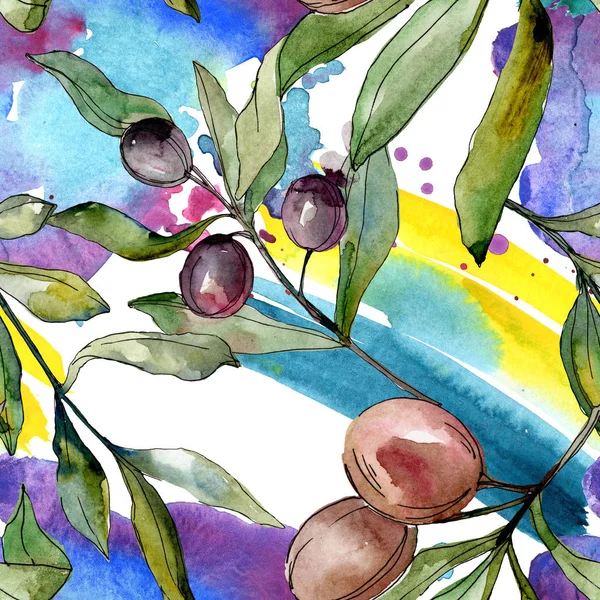 Olives noires aquarelle fond illustration ensemble. Aquarelle dessin mode aquarelle isolé. Modèle de fond sans couture. Texture d'impression papier peint tissu . — Photo de stock