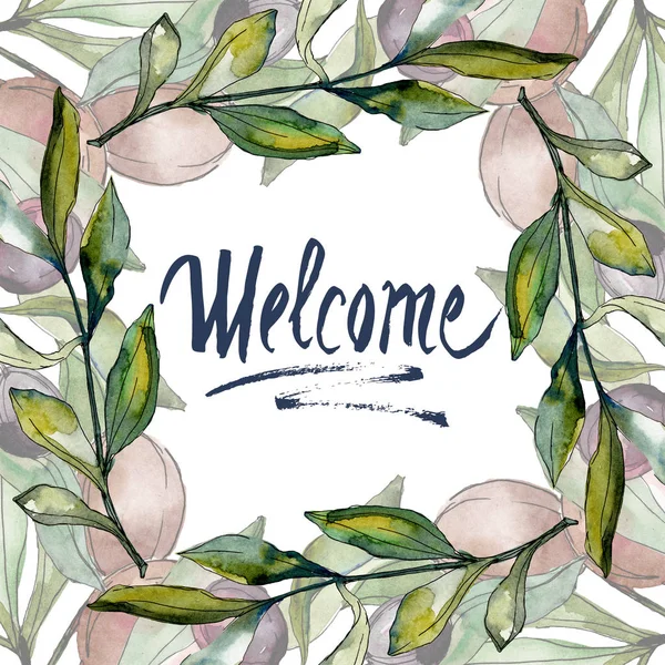 Frame with Black olives watercolor background. Watercolour drawing set. Welcome handwriting monogram calligraphy. — Stock Photo