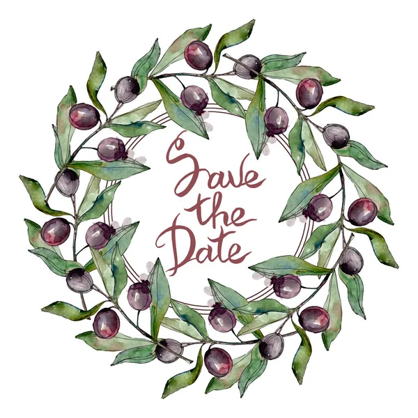 Frame with Black olives watercolor background. Watercolour drawing set. Save the Date handwriting monogram calligraphy. — Stock Photo