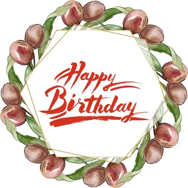 Frame with Black olives watercolor background. Watercolour drawing set. Happy Birthday handwriting monogram calligraphy. — Stock Photo