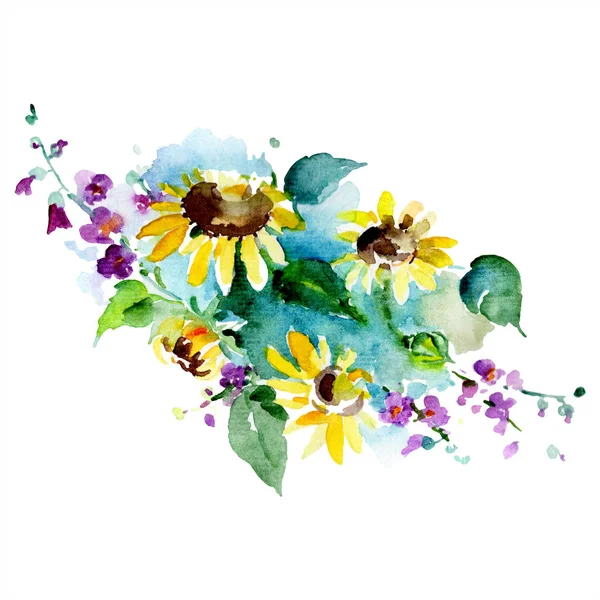Bouquet of wildflowers and sunflowers. Watercolor background illustration set. Watercolour drawing fashion aquarelle isolated. Isolated bouquet element. — Stock Photo