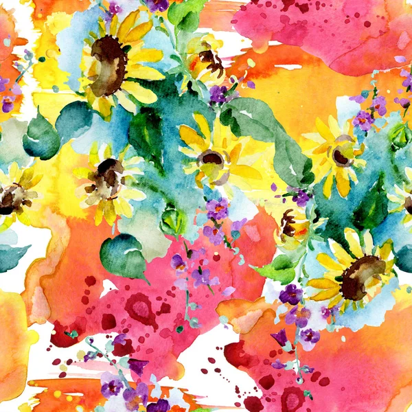 Bouquet of wildflowers and sunflowers. Watercolor background illustration set. Watercolour drawing fashion aquarelle isolated. Seamless background pattern. Fabric wallpaper print texture. — Stock Photo