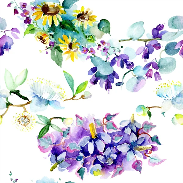 Strauß von Wildblumen und Sonnenblumen. Aquarell Hintergrundillustration Set. Aquarellzeichnung Modeaquarell isoliert. nahtlose Hintergrundmuster. Stoff Tapete drucken Textur. — Stockfoto