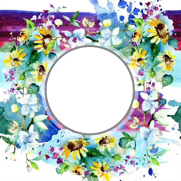 Frame with sunflowers and wildflowers isolated. Watercolor background illustration set. Watercolour drawing fashion aquarelle isolated. — Stock Photo