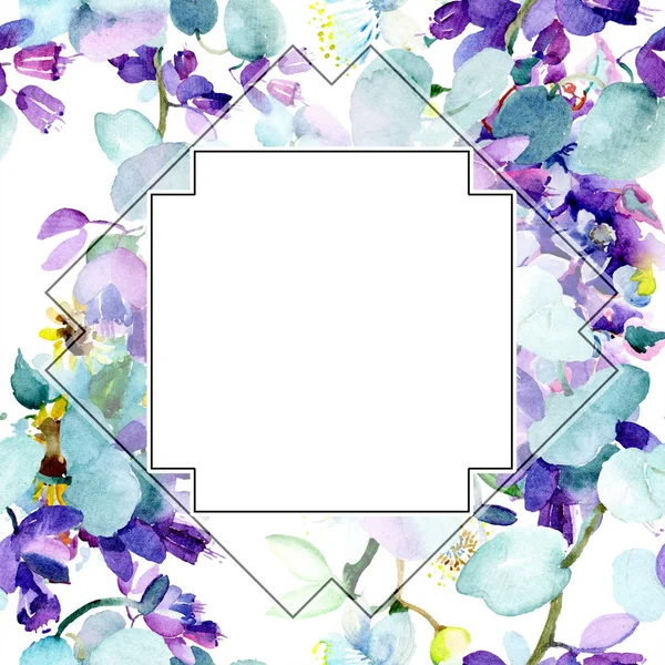 Frame with Bouquet of purple flowers. Watercolor background illustration set. Watercolour drawing fashion aquarelle isolated. — Stock Photo