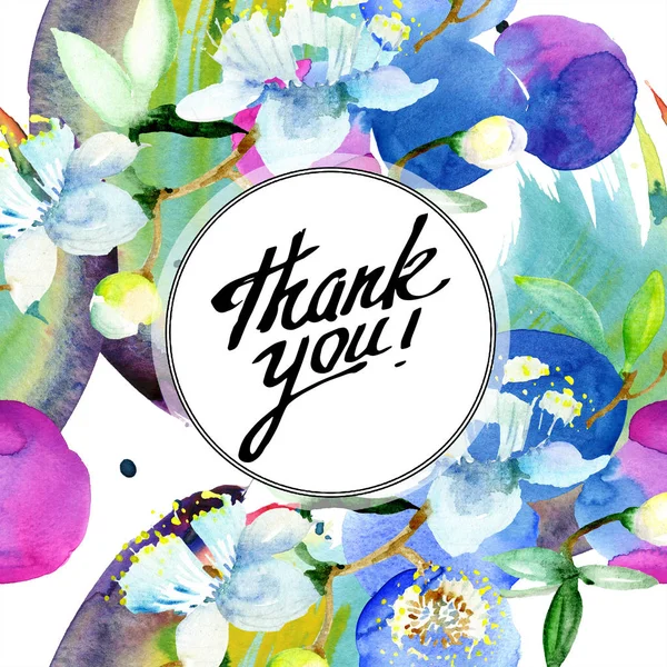 Flores de ramo. Conjunto de ilustración de fondo acuarela. Marco borde ornamento cuadrado. Gracias caligrafía monograma caligrafía . — Stock Photo
