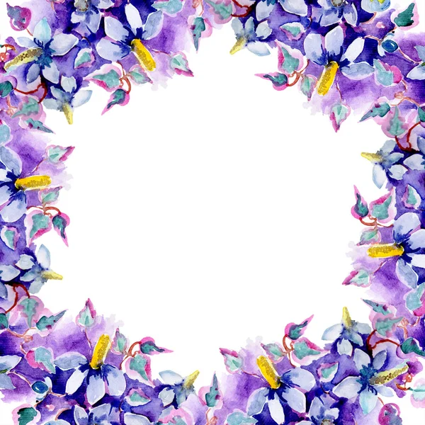 Ramo de flores púrpuras. Conjunto de ilustración de fondo acuarela. Acuarela dibujo moda acuarela aislado. Marco borde ornamento cuadrado . — Stock Photo