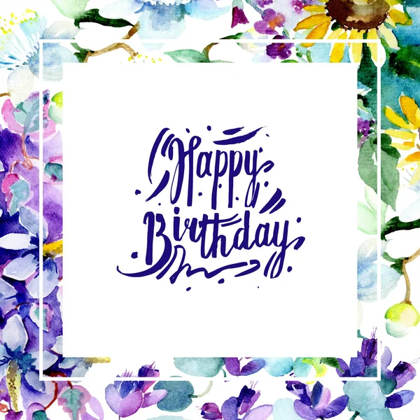 Bouquet flowers. Watercolor background illustration set. Frame border ornament square. Happy Birthday handwriting monogram calligraphy. — Stock Photo