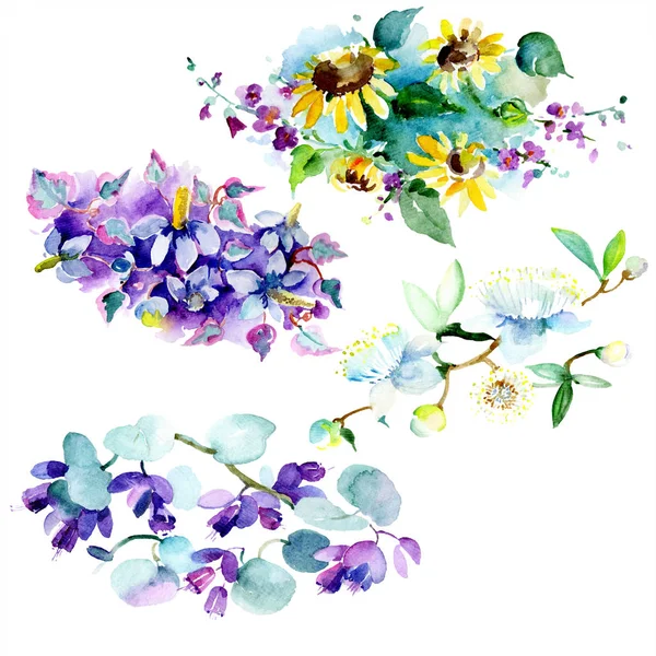 Sträuße von Wildblumen und Sonnenblumen. Aquarell Hintergrundillustration Set. Aquarellzeichnung Modeaquarell isoliert. nahtlose Hintergrundmuster. Stoff Tapete drucken Textur. — Stockfoto