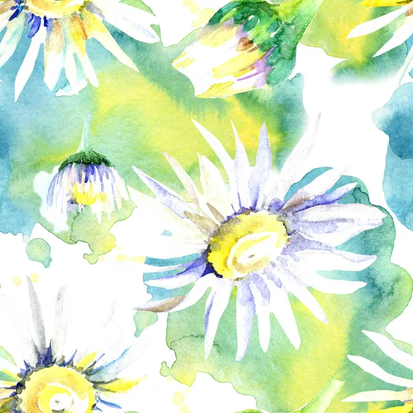 Daisy flowers background. Watercolor background illustration set. Watercolour drawing aquarelle isolated. Seamless background pattern. Fabric wallpaper print texture. — Stock Photo