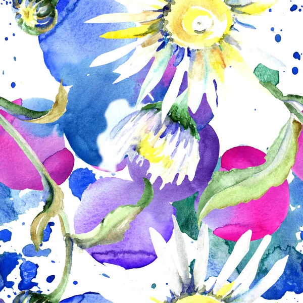 Gänseblümchen-Blumen Hintergrund. Aquarell Hintergrundillustration Set. Aquarell Zeichnung Aquarell isoliert. nahtlose Hintergrundmuster. Stoff Tapete drucken Textur. — Stockfoto