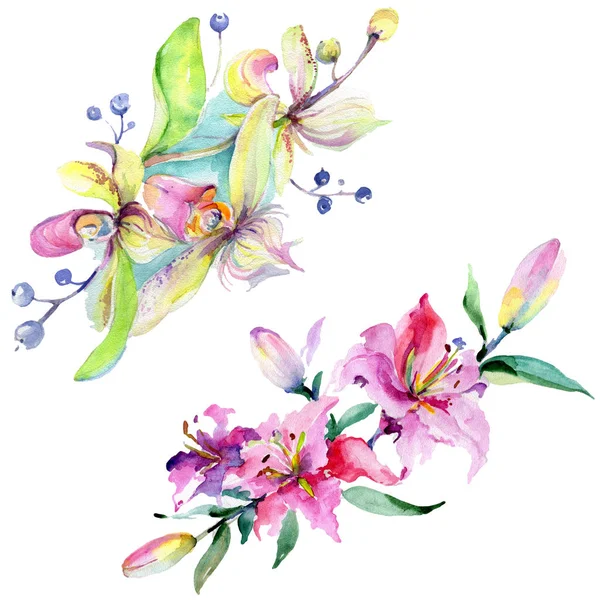 Pink and purple orchids. Watercolor background illustration set. Watercolour flower bouquet illustration element. — Stock Photo