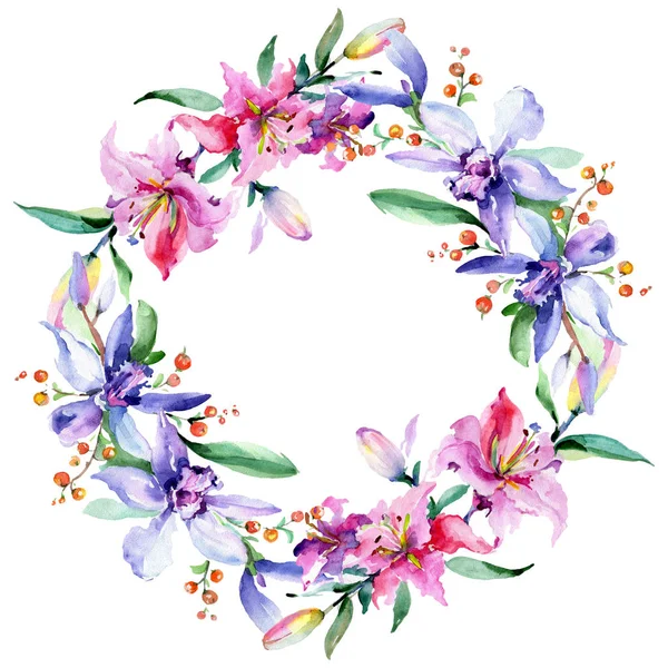 Cornice con fiori di orchidea rosa e viola. Acquerello disegno moda acquerello isolato. Bordo ornamentale — Foto stock