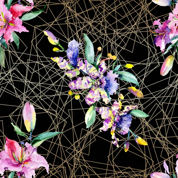 Fiori di orchidea rosa e viola. Acquerello disegno moda acquerello isolato. Modello di sfondo senza soluzione di continuità. Tessuto carta da parati stampa texture . — Foto stock