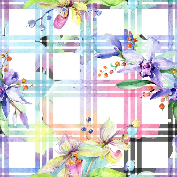 Flores de orquídea rosa y púrpura. Acuarela dibujo moda acuarela aislado. Patrón de fondo sin costuras. Textura de impresión de papel pintado de tela . - foto de stock