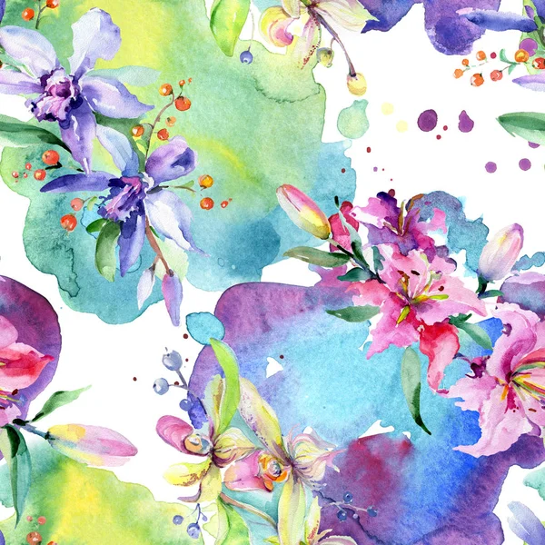 Pink and purple orchid flowers. Watercolour drawing fashion aquarelle isolated. Seamless background pattern. Fabric wallpaper print texture. — Stock Photo