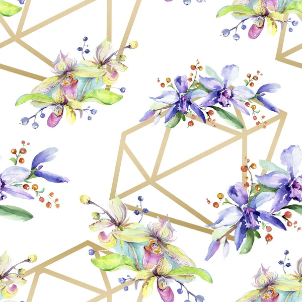 Pink and purple orchid flowers. Watercolour drawing fashion aquarelle isolated. Seamless background pattern. Fabric wallpaper print texture. — Stock Photo