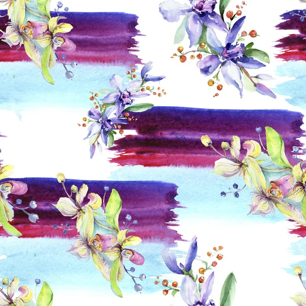 Pink and purple orchid flowers. Watercolour drawing fashion aquarelle isolated. Seamless background pattern. Fabric wallpaper print texture. — Stock Photo