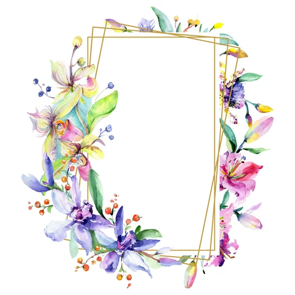 Frame with pink and purple orchid flowers. Watercolour drawing fashion aquarelle isolated. Ornament border — Stock Photo