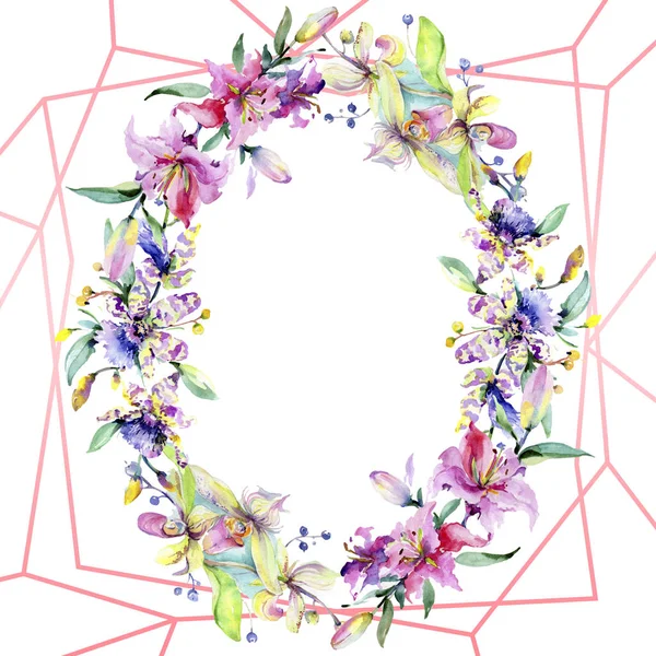Frame with pink and purple orchid flowers. Watercolour drawing fashion aquarelle isolated. Ornament border — Stock Photo