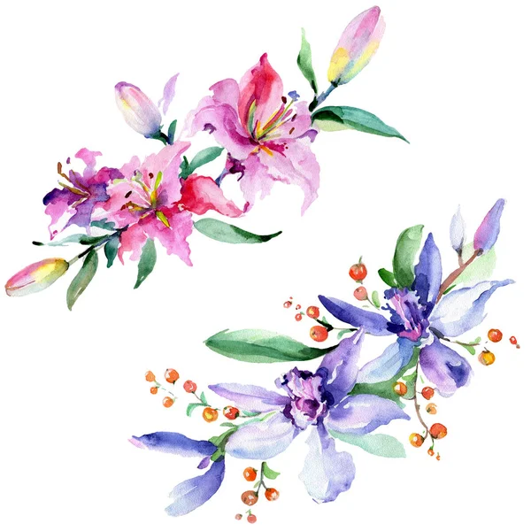 Orquídeas roxas e cor-de-rosa. Conjunto de ilustração de fundo aquarela. Flor aquarela buquê ilustração elemento . — Fotografia de Stock