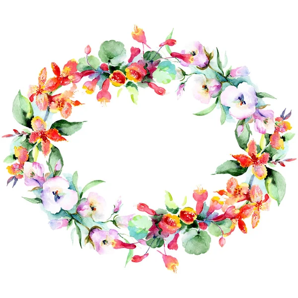 Cornice di fiori primaverili colorati. Acquerello sfondo illustrazione set. Acquerello disegno moda acquerello isolato. Confine ornamentale — Foto stock