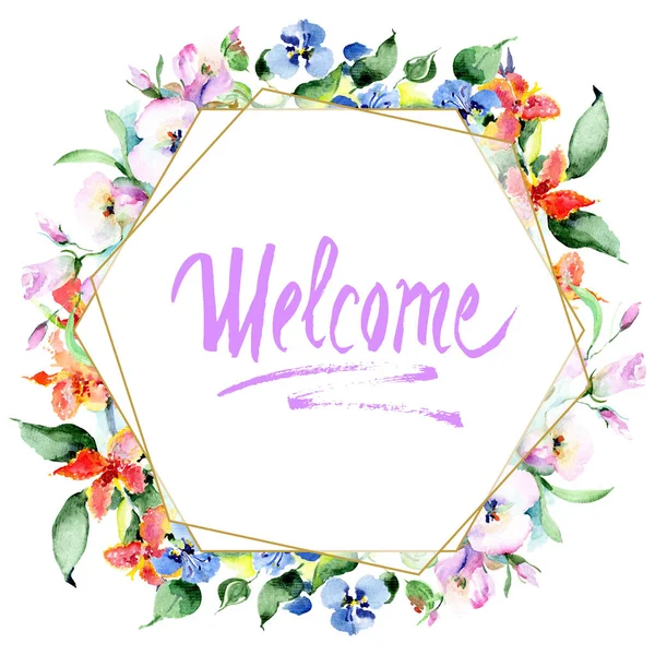 Frame of colorful spring flowers. Watercolor background illustration set. Watercolour drawing fashion aquarelle isolated. Ornamental border with welcome handwriting monogram calligraphy. — Stock Photo