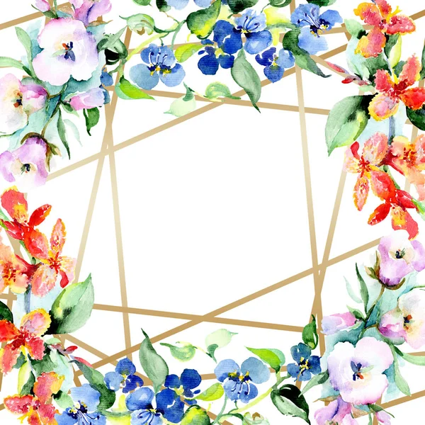 Marco de flores de primavera de colores. Conjunto de ilustración de fondo acuarela. Acuarela dibujo moda acuarela aislado. Frontera ornamental - foto de stock