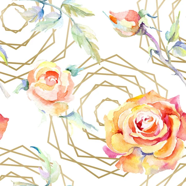 Orange rose flowers. Watercolour drawing fashion aquarelle isolated. Seamless background pattern. Fabric wallpaper print texture. — Stock Photo