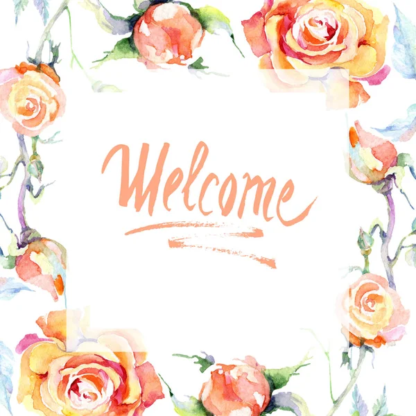 Frame with orange rose flowers. Watercolor background illustration set. Watercolour drawing fashion aquarelle isolated. Ornamental border with welcome sign — Stock Photo